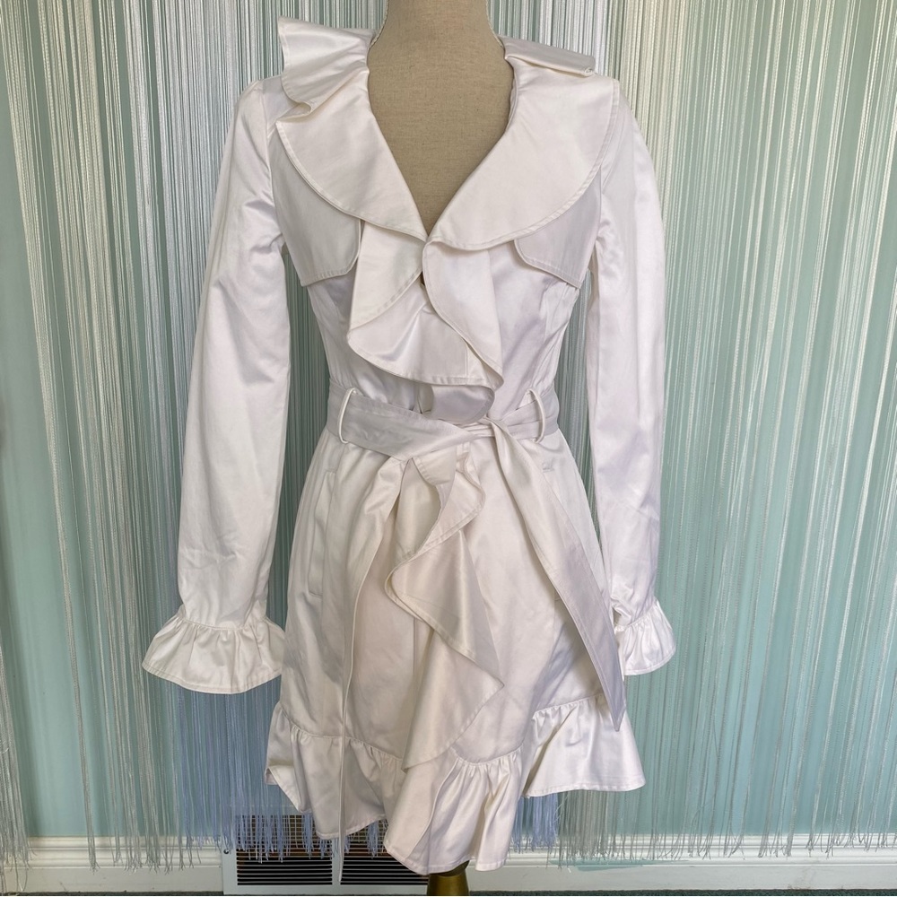 Rare Bebe White Satin Ruffle Trench Coat Jacket NWT Size XS